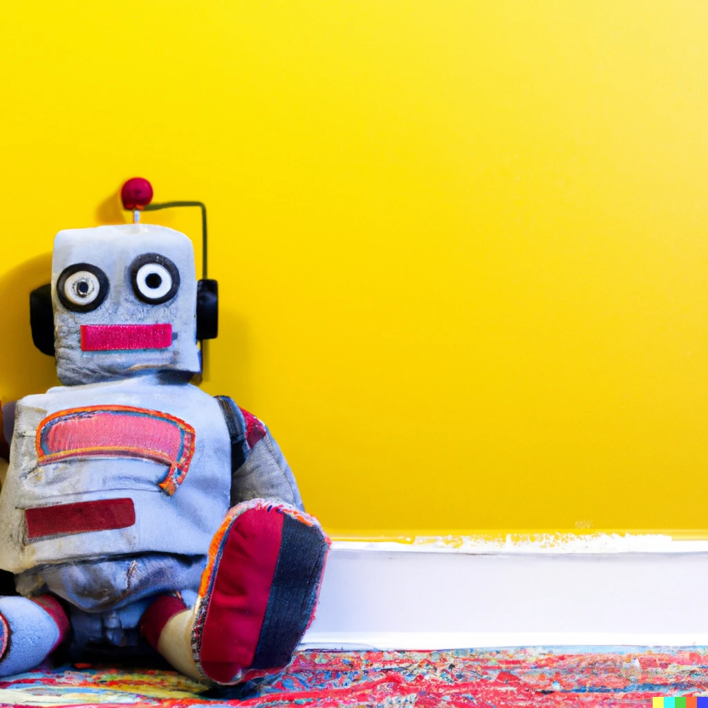 A plush toy robot sitting against a yellow wall